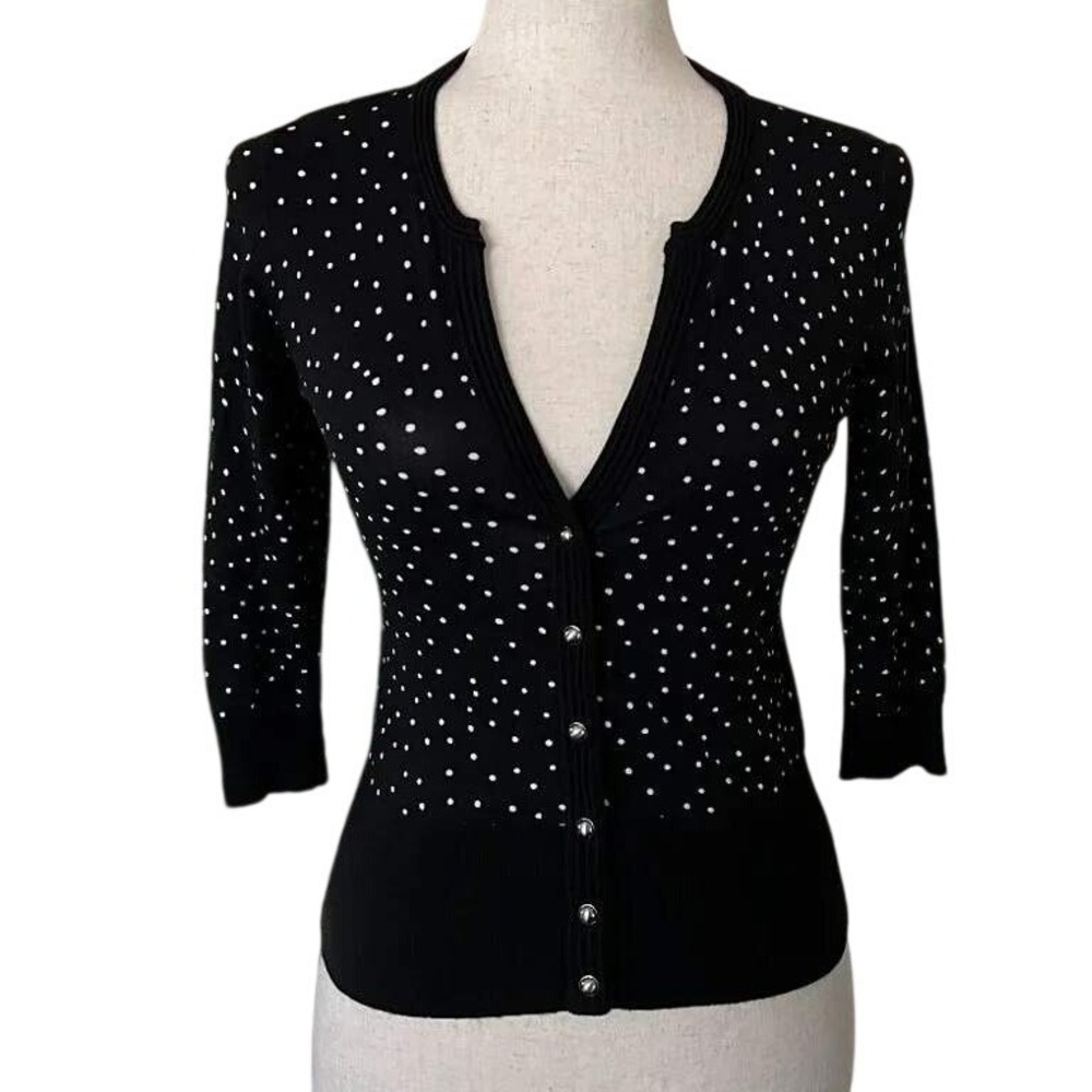 White House Black Market Polka Dot Cardigan Black White 3/4 Sleeve Womens Medium